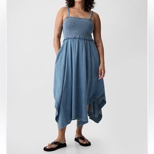 GAP Blue Denim Handkerchief Hem Smocked Square Neckline Midi Dress NWT XS